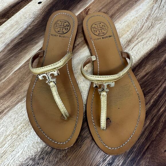Tory Burch Gold T-Strap Leather Sandals Women's Size US 6 Brown Tan - Picture 1 of 6